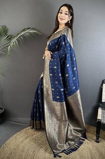 lichi art silk navy blue zari weaving motif banarasi art silk