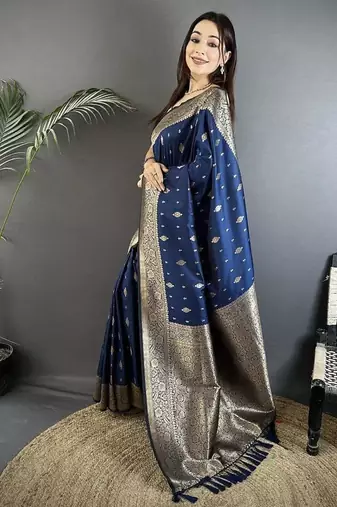 lichi art silk navy blue zari weaving motif banarasi art silk