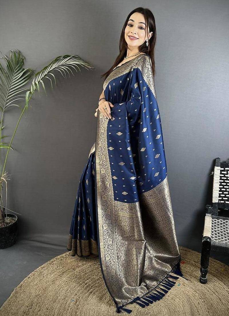 lichi art silk navy blue zari weaving motif banarasi art silk