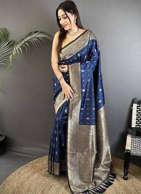 lichi art silk navy blue zari weaving motif banarasi art silk 5