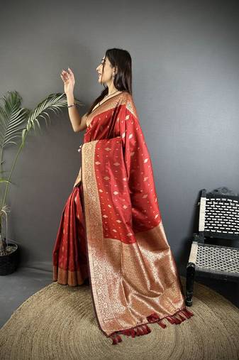 lichi art silk red zari weaving motif banarasi art silk