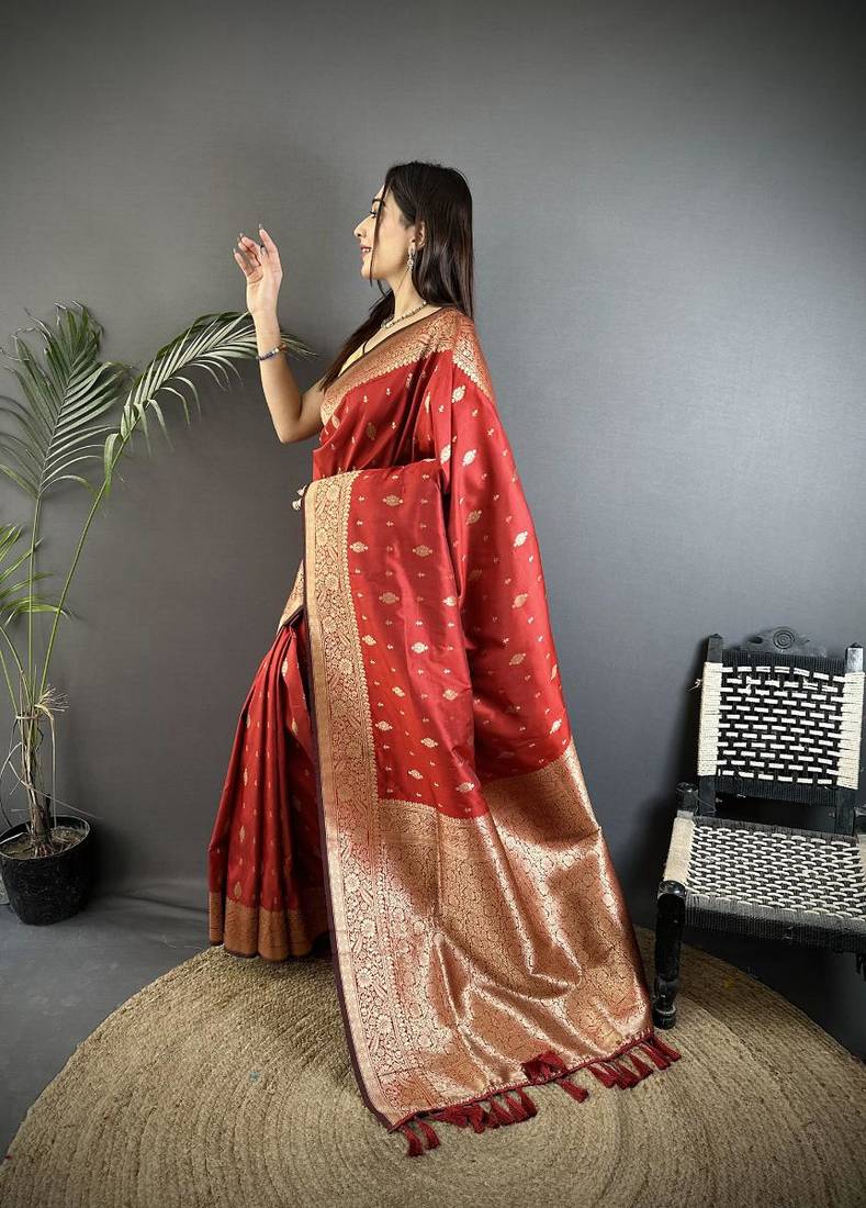 lichi art silk red zari weaving motif banarasi art silk