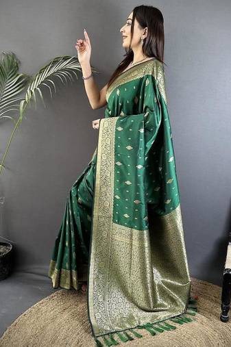 lichi art silk green zari weaving motif banarasi art silk
