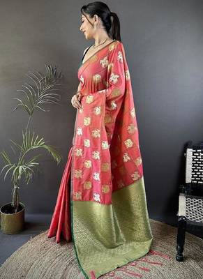 soft Art silk orange elephant motif banarasi Art silk 1