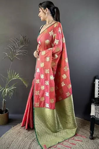 soft art silk orange elephant motif banarasi art silk