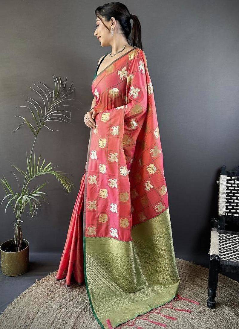 soft art silk orange elephant motif banarasi art silk