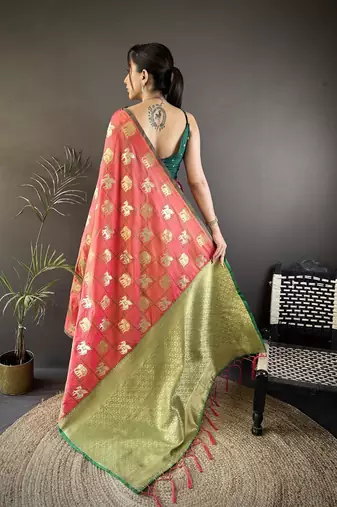 soft art silk orange elephant motif banarasi art silk