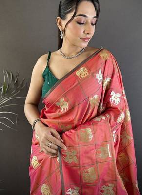 soft Art silk orange elephant motif banarasi Art silk 4