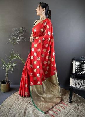 soft art silk  red elephant motif banarasi art silk 1