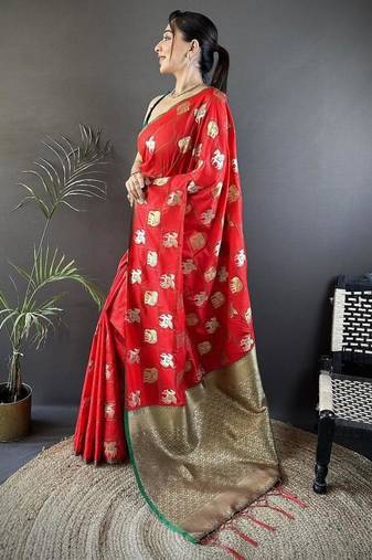 soft art silk  red elephant motif banarasi art silk