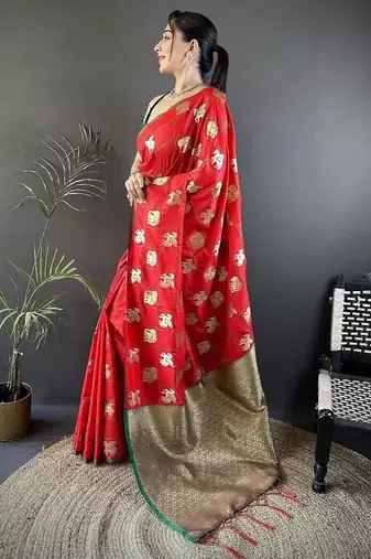 soft art silk  red elephant motif banarasi art silk