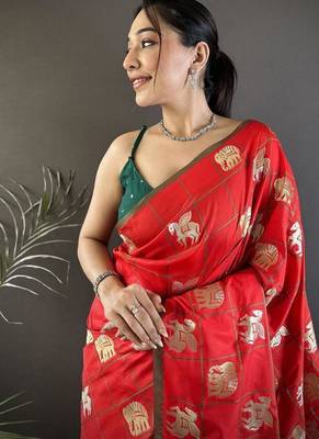 soft art silk  red elephant motif banarasi art silk 3