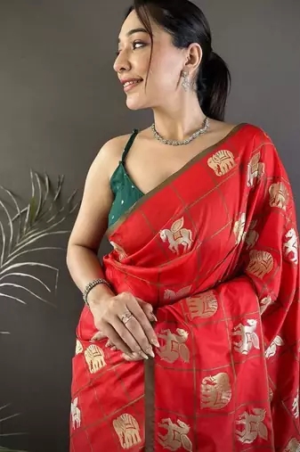 soft art silk  red elephant motif banarasi art silk