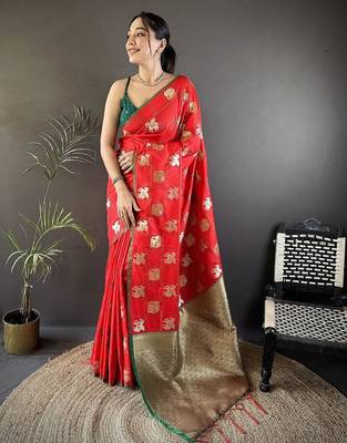 soft art silk  red elephant motif banarasi art silk 5