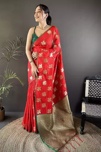 soft art silk  red elephant motif banarasi art silk