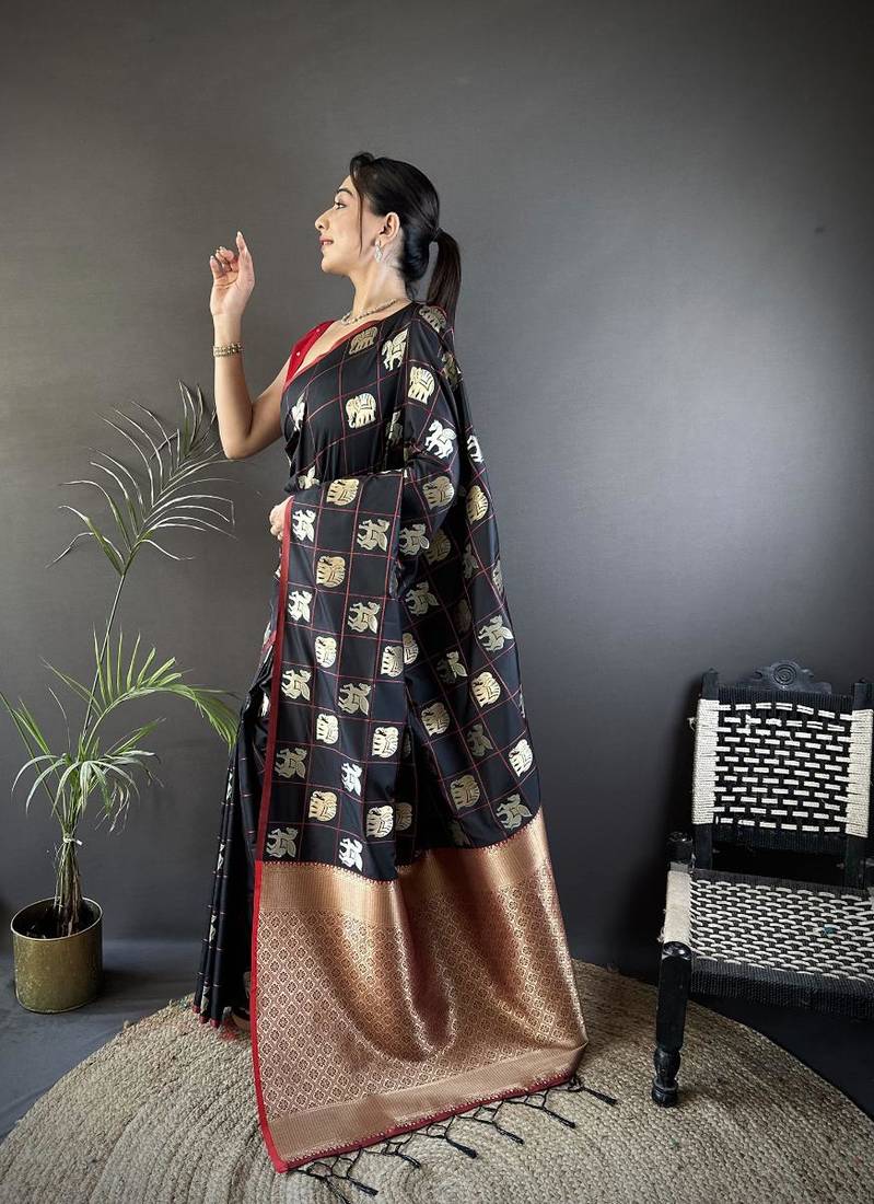 soft art silk black elephant motif banarasi art silk