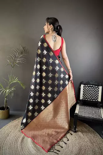 soft Art silk black elephant motif banarasi Art silk