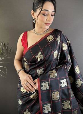 soft Art silk black elephant motif banarasi Art silk 3