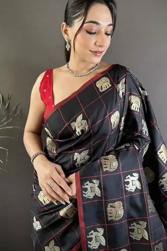 soft Art silk black elephant motif banarasi Art silk