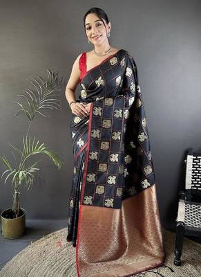 soft Art silk black elephant motif banarasi Art silk 5