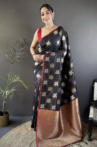 soft Art silk black elephant motif banarasi Art silk