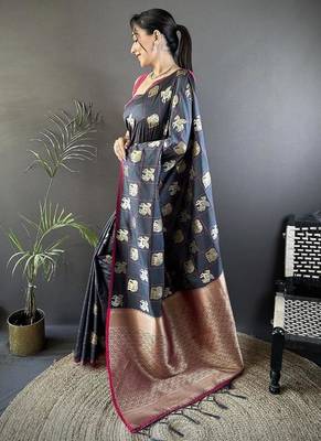 soft Art silk grey elephant motif banarasi Art silk 1