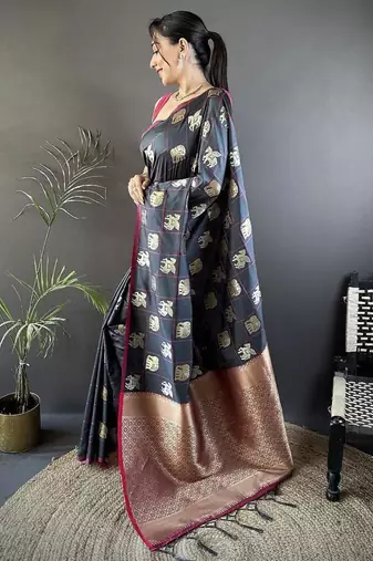 soft art silk grey elephant motif banarasi art silk