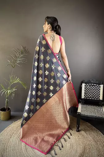 soft Art silk grey elephant motif banarasi Art silk