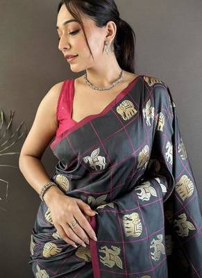 soft Art silk grey elephant motif banarasi Art silk 3