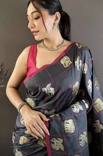 soft Art silk grey elephant motif banarasi Art silk