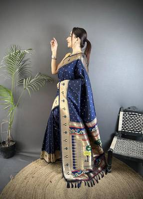 soft lichi art silk   dark blue peacock & floral motifs kanchipuram saree 1