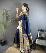 soft lichi art silk  dark blue peacock & floral motifs kanchipuram saree