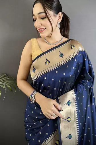 soft lichi art silk   dark blue peacock & floral motifs kanchipuram saree