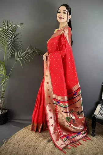 soft lichi art silk red peacock & floral motifs kanchipuram saree