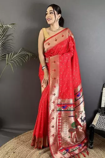 soft lichi art silk red peacock & floral motifs kanchipuram saree