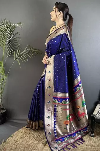soft lichi art silk royal blue peacock & floral motifs kanchipuram saree