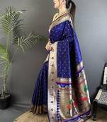 soft lichi art silk royal blue peacock & floral motifs kanchipuram saree