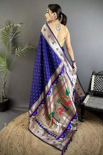 soft lichi art silk royal blue peacock & floral motifs kanchipuram saree