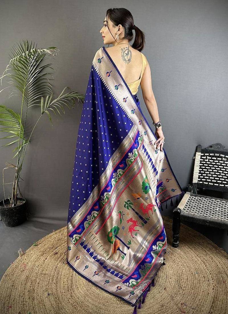 soft lichi art silk royal blue peacock & floral motifs kanchipuram saree