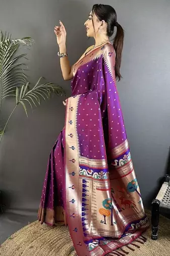 soft lichi art silk magenta peacock & floral motifs kanchipuram saree