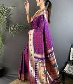 soft lichi art silk magenta peacock & floral motifs kanchipuram saree