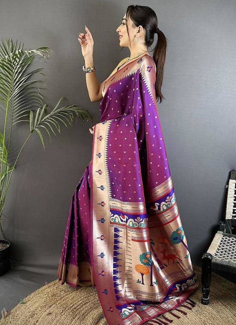 soft lichi art silk magenta peacock & floral motifs kanchipuram saree