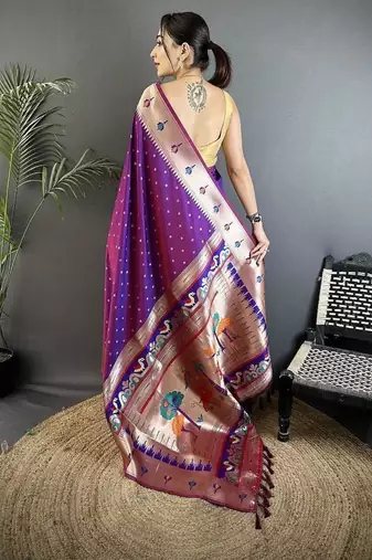 soft lichi art silk magenta peacock & floral motifs kanchipuram saree