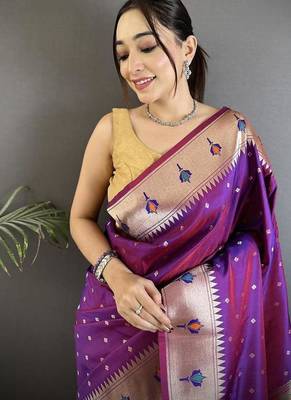 soft lichi Art silk magenta peacock & floral motifs kanchipuram saree 4