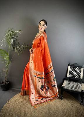 soft lichi Art silk orange peacock & floral motifs kanchipuram saree 1