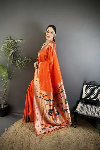 soft lichi art silk orange peacock & floral motifs kanchipuram saree