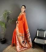 soft lichi art silk orange peacock & floral motifs kanchipuram saree