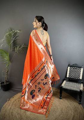 soft lichi Art silk orange peacock & floral motifs kanchipuram saree 4