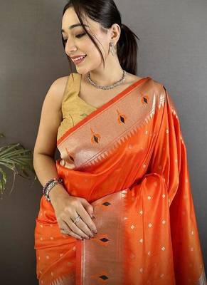 soft lichi Art silk orange peacock & floral motifs kanchipuram saree 5