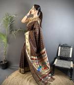 soft lichi art silk brown peacock & floral motifs kanchipuram saree